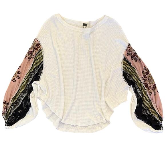 We the Free Blossom Thermal Top Size XS Ivory Patchwork Sleeve Boho Waffle Knit - Picture 11 of 12